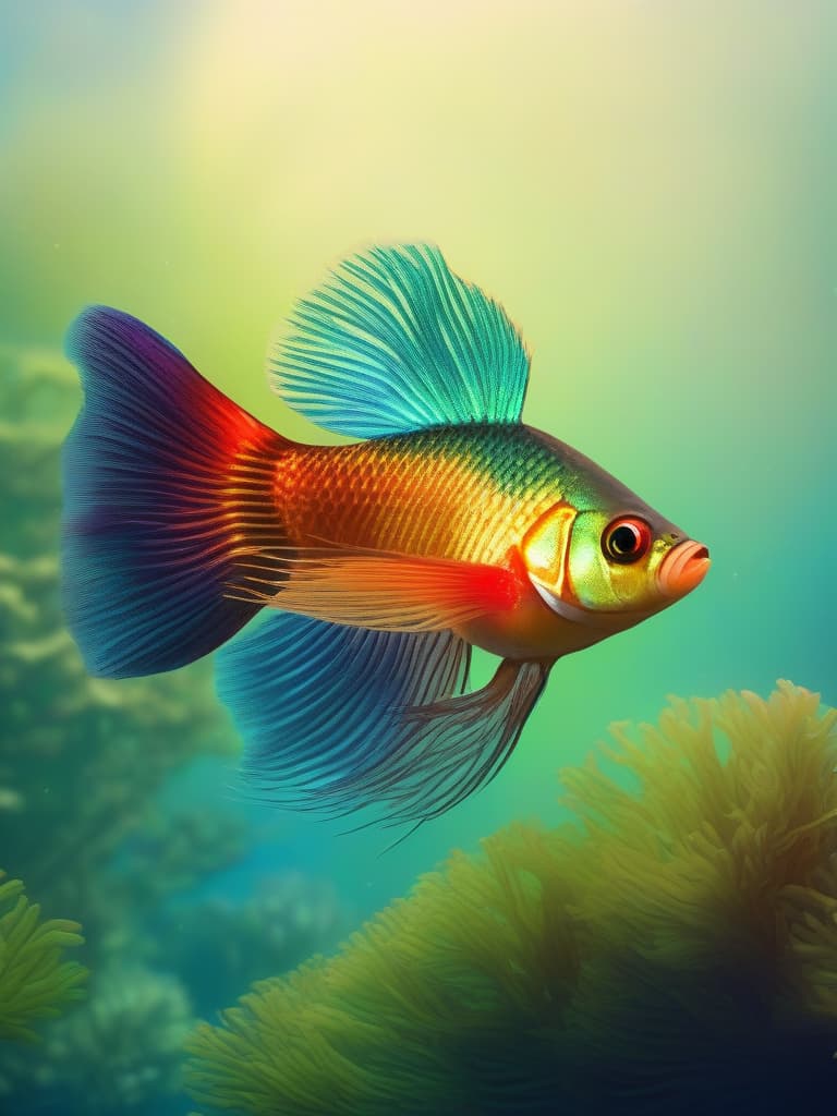  Imagine a five inches guppy with a tail ratio of full moon beta fish, detailed fins, like fan brush quality, multi colourd, metalic and fluorescent coloured, watercolour effect, high res, ((masterpiece)), best quality, very detailed, high resolution, sharp, sharp image, extremely detailed, 4k, 8k