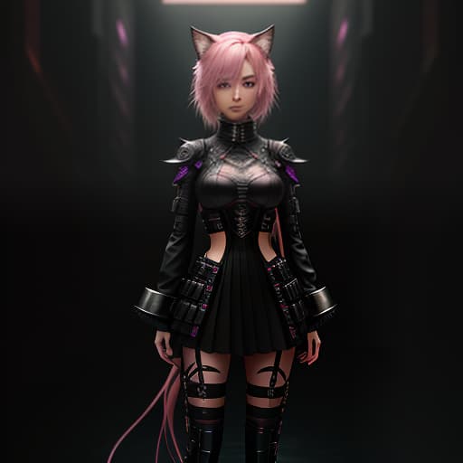  A girl with pink hair, medium length hair, a black outfit, and cat ears. hyperrealistic, full body, detailed clothing, highly detailed, cinematic lighting, stunningly beautiful, intricate, sharp focus, f/1. 8, 85mm, (centered image composition), (professionally color graded), ((bright soft diffused light)), volumetric fog, trending on instagram, trending on tumblr, HDR 4K, 8K