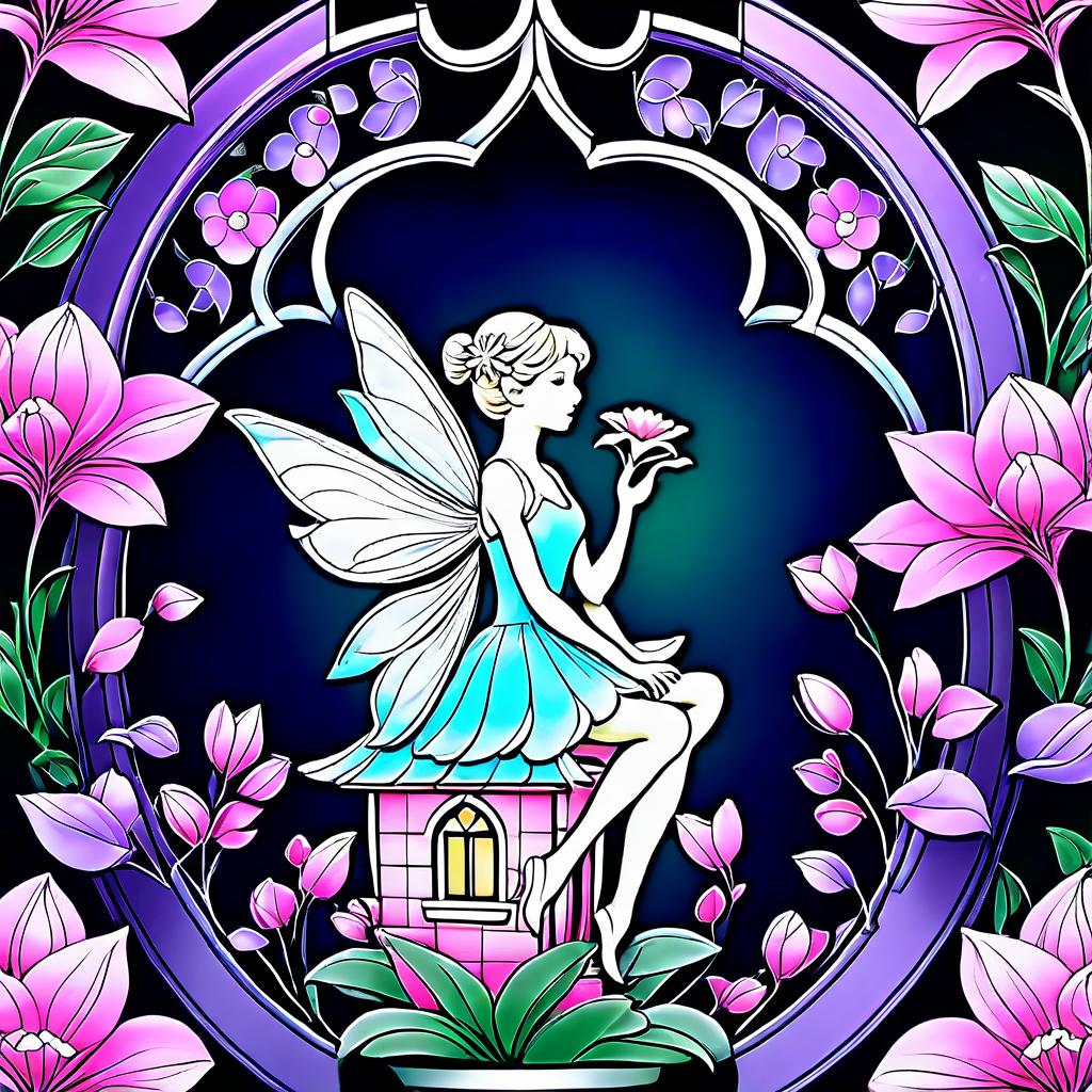  advertising poster style ((flower fairy shop)) (( a small house with a tiled roof and carved windows surrounded by flowers of scarlet, pink, crocus. ((in the bud of a blossoming flower sits an enchanting fairy and invites customers into her shop. (1.5 fine, fine fractal glitter bright petal line ink sketch on black background, (pixie petal silhouette 1.3), bud outline outline, bud outline, pixie fairy leaves with wings. (flower colour):alo pink, white pink, pearl blue, pearl blue, snow white) . (style):fantasy, art design, provence, advertising, window display, (colours):soft pink, light lavender, white, soft green, all pastel shades. . professional, modern, product focused, commercial, eye catching, highly detailed