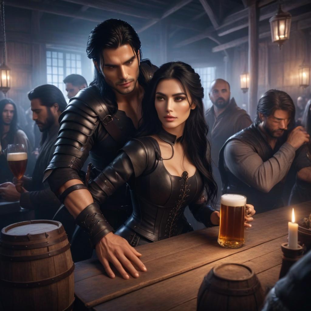  a girl with a leather armor, long black hair, hugs a guy with black hair hyperrealistic, full body, detailed clothing, highly detailed, cinematic lighting, stunningly beautiful, intricate, sharp focus, f/1. 8, 85mm, (centered image composition), (professionally color graded), ((bright soft diffused light)), volumetric fog, trending on instagram, trending on tumblr, HDR 4K, 8K