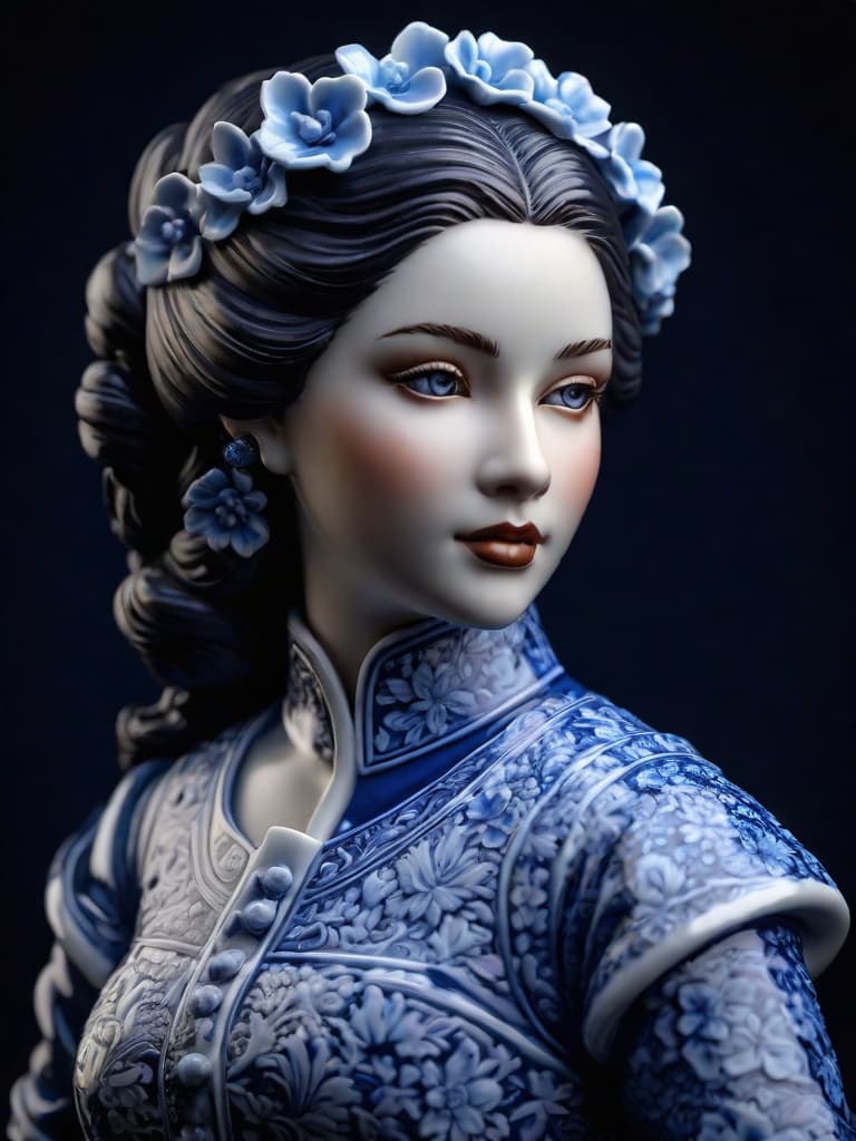  Close-up porcelain female figurine, looking to the camera, glossy surface, glaze, shiny, blue floral tattoos on her, dark gradient background, baroque dark style, hyperrealistic, CG society, intricate details