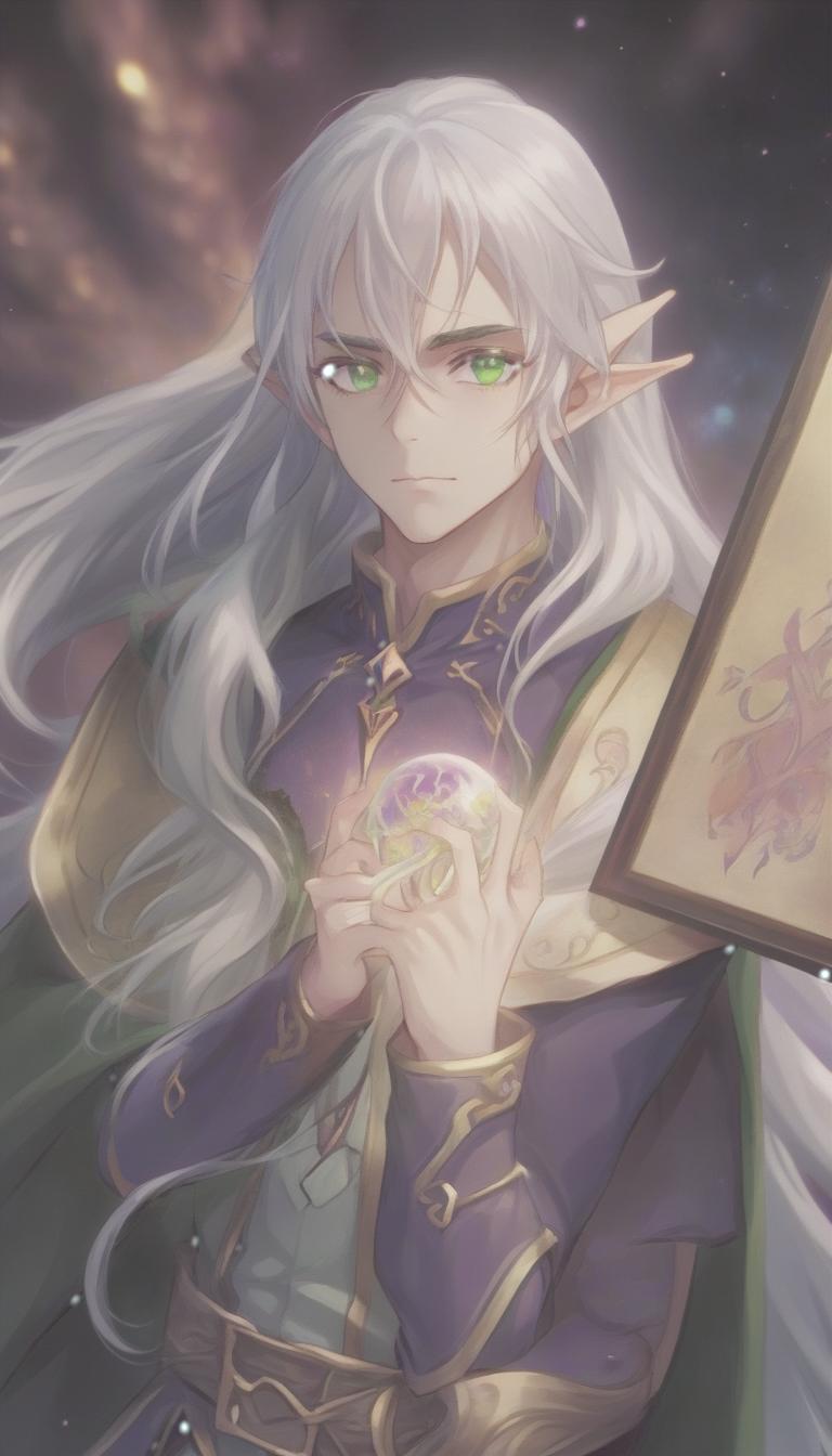  anime artwork man, elf, long white hair, green eyes, purple clothes . anime style, key visual, vibrant, studio anime, highly detailed