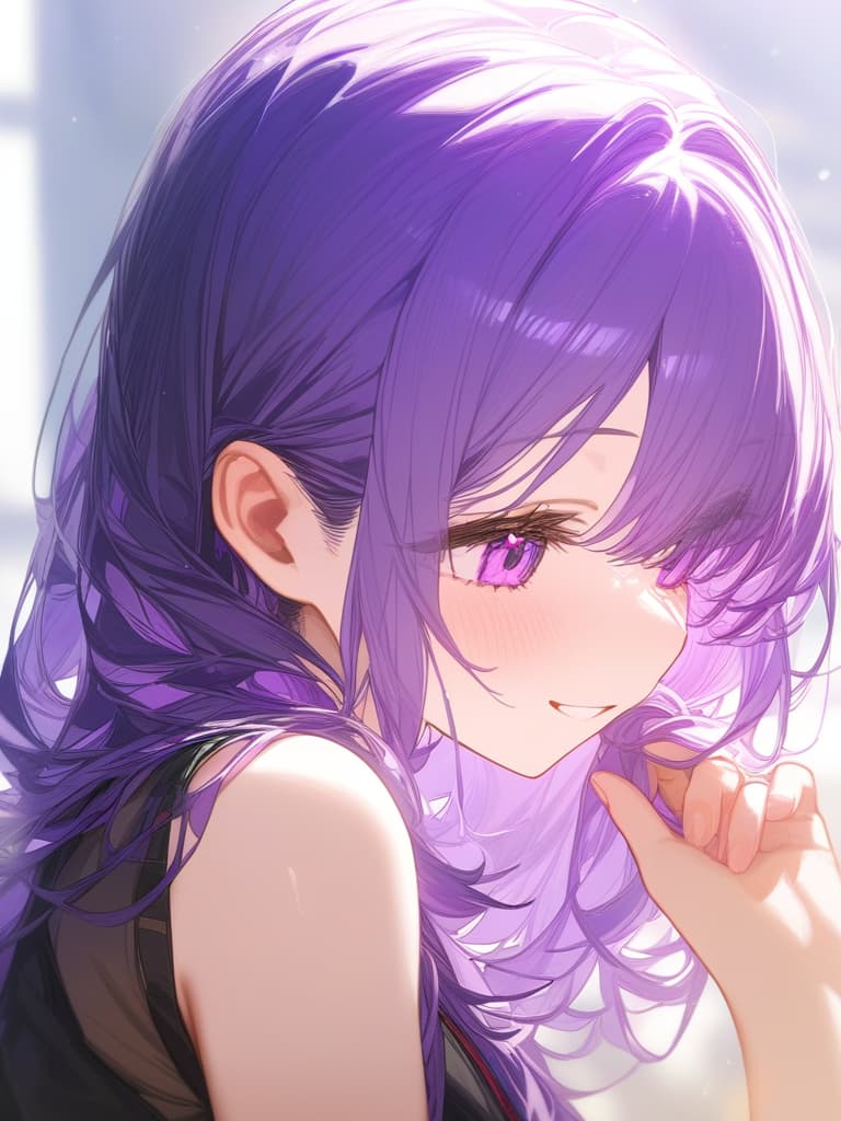  purple hair, cute girl, smile, purple eye, bob hair, pink pin stop on hair, masterpiece, best quality,8k,ultra detailed,high resolution,an extremely delicate and beautiful,hyper detail