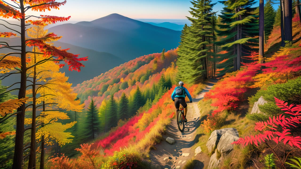  a scenic view of bear mountain, ny, showcasing rugged trails winding through dense forests, vibrant autumn leaves, and a mountain biker navigating steep, rocky paths under a clear blue sky and distant peaks. hyperrealistic, full body, detailed clothing, highly detailed, cinematic lighting, stunningly beautiful, intricate, sharp focus, f/1. 8, 85mm, (centered image composition), (professionally color graded), ((bright soft diffused light)), volumetric fog, trending on instagram, trending on tumblr, HDR 4K, 8K