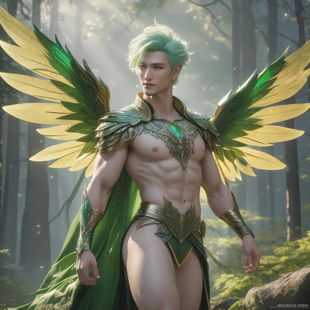  (jimmy eco: 1.6), full full body shots photorealistiic young man, forest fairy prince , 1, milk white skin, green hair, , 6 pax abs, (full body shot), young , flying over the city. smiling,, 1, beutiful, perfect, milk white skin, handsome and ver hunky body, very detailed green eyes, very pale skin, barefoot in a forest, , wearing green beige leafy sparkling wing, . (masterpiece:1.4, best quality), (intricate detail), unity 8k wallpaper, ultra detailed, (abstract art:1.2), (anato finnstark style:1.3), from another dimension, a symphony of iridescent colors merging and shifting seamlessly, dynamic pose with rotating patterns of energy around you, a mix of determination and serenity in his expression, a genera hyperrealistic, full body, detailed clothing, highly detailed, cinematic lighting, stunningly beautiful, intricate, sharp focus, f/1. 8, 85mm, (centered image composition), (professionally color graded), ((bright soft diffused light)), volumetric fog, trending on instagram, trending on tumblr, HDR 4K, 8K