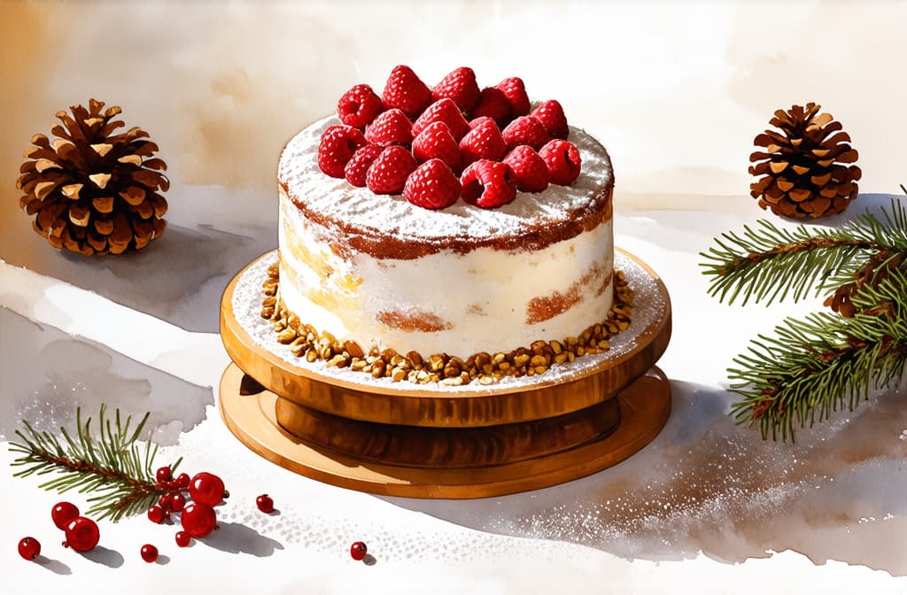  artwork white christmas cake with raspberries on top and crushed nuts on the ends in powdered sugar on a wooden stand and a table strewn with powdered sugar, red berries and pine cones with sun glare ar 3:2, watercolor techniques, featuring fluid colors, subtle gradients, transparency associated with watercolor art