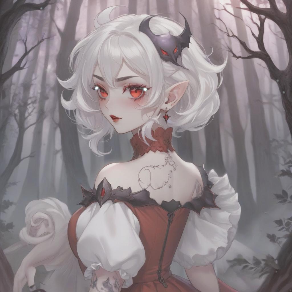  a vampire girl with marble white skin, white hair, lavender eyes with a red glint, wearing a red dress. hairstyle styled in curls. in her right ear, a crescent shaped earring with teeth inside. a crescent shaped tattoo on her collarbone. standing in a dark forest.