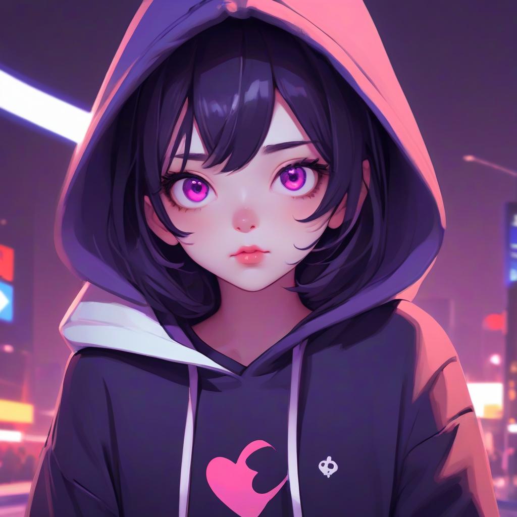  a close up of a girl wearing a hoodie, by ilya kuvshinov, serial art, discord profile picture, dark purple, heart eyes, beeple and jeremiah ketner