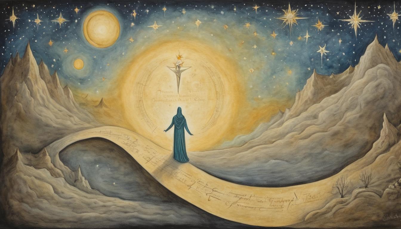  on parchment, surrealism++, figure on glowing path, stars above, divine guidance, celestial light, ethereal trust(mysterious, provocative, symbolic)++