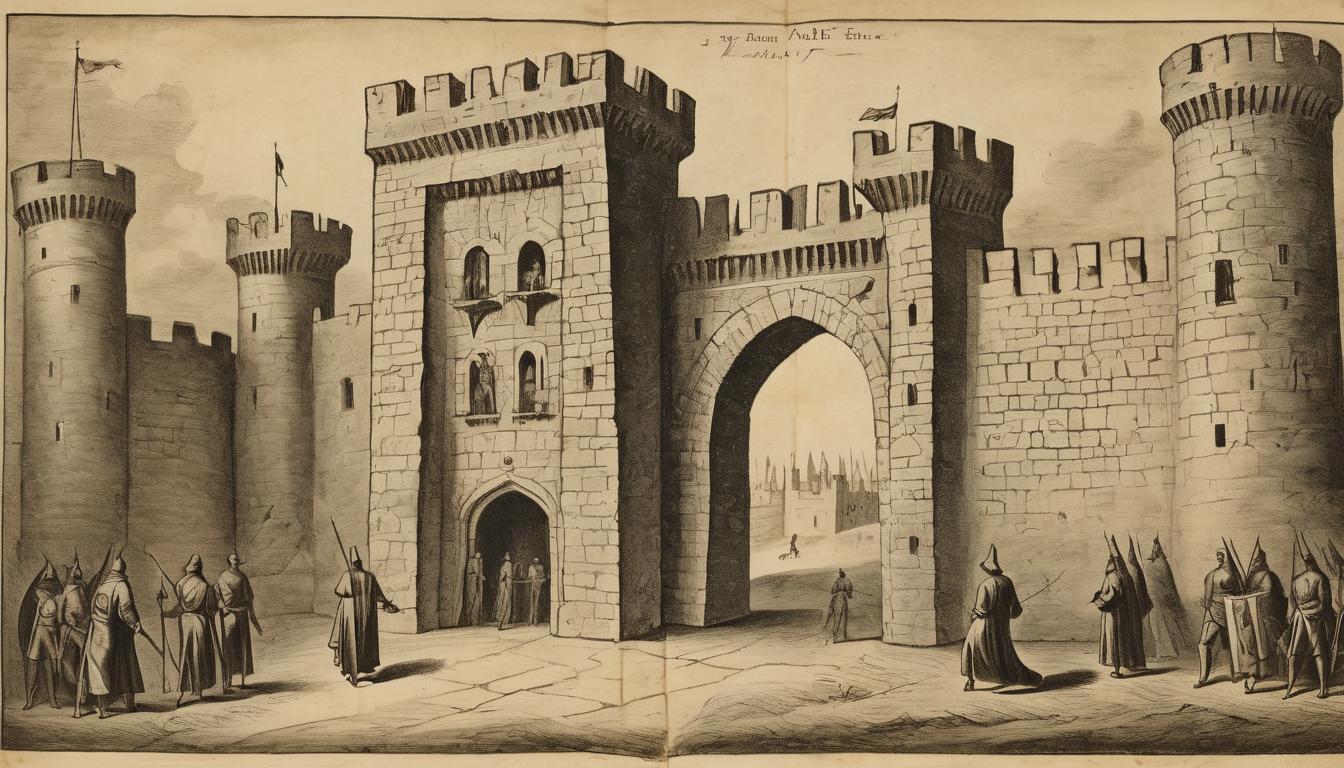  on parchment, surrealism++, a fortified wall with towering gates, shadowy figures defending, luminous figures trying to enter, defense, resistance, exclusion(mysterious, provocative, symbolic)++