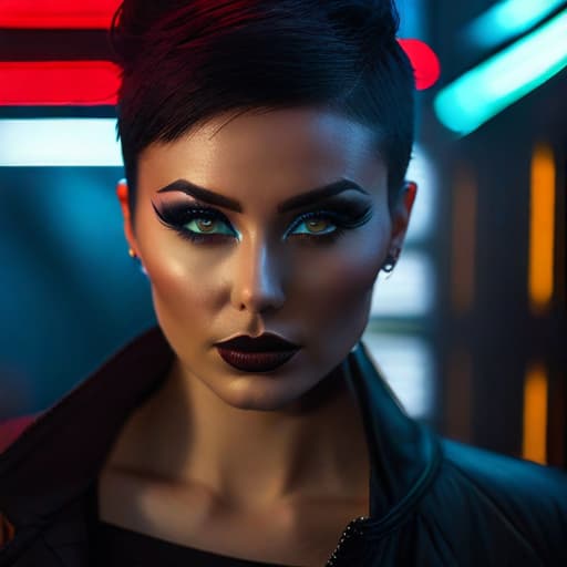  ultra realistic close up portrait ((beautiful pale cyberpunk female with heavy black eyeliner)), blue eyes, shaved side haircut, hyper detail, cinematic lighting, magic neon, dark red city, canon eos r3, nikon, f/1.4, iso 200, 1/160s, 8k, raw, unedited, symmetrical balance, in frame, 8k hyperrealistic, full body, detailed clothing, highly detailed, cinematic lighting, stunningly beautiful, intricate, sharp focus, f/1. 8, 85mm, (centered image composition), (professionally color graded), ((bright soft diffused light)), volumetric fog, trending on instagram, trending on tumblr, HDR 4K, 8K