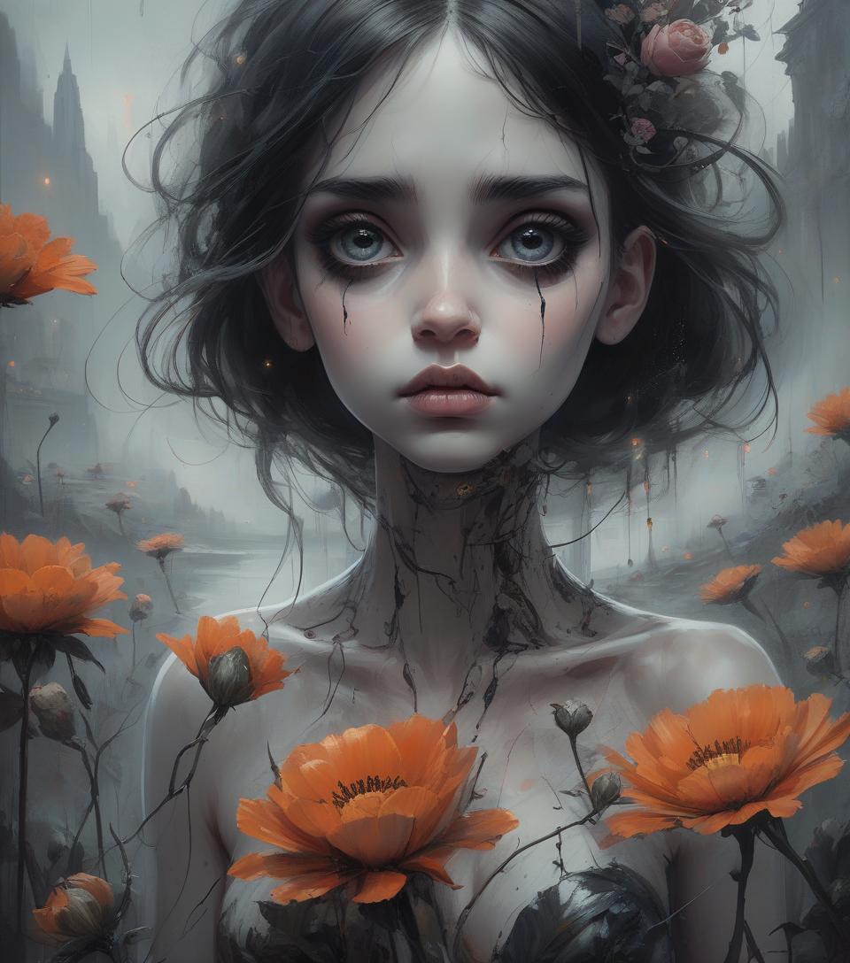  mark ryden's painting style is combined with russ mills' bold expression and textured impasto. image of a beautiful tender woman with large expressive speaking eyes, correct anatomy, against the backdrop of a bizarre landscape with amazing flowers lights, surrounded by soft night fog, soft focus, macro, octane transfer, clarity, sharpness, cartoonishness, 32k, cinematic, ultra high detail, artstation , perfect centered composition, by to🐞lira