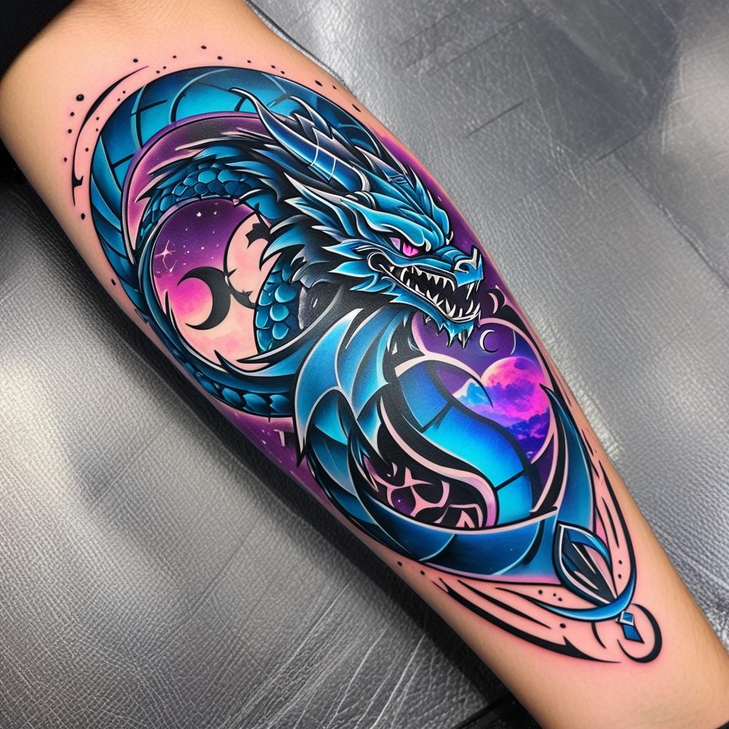  a cybernetic dragon with two crescent moons. use the colors blue, purple, and pink. cyberpunk theme, (tattoo), (sleeve tattoo design on the arm)