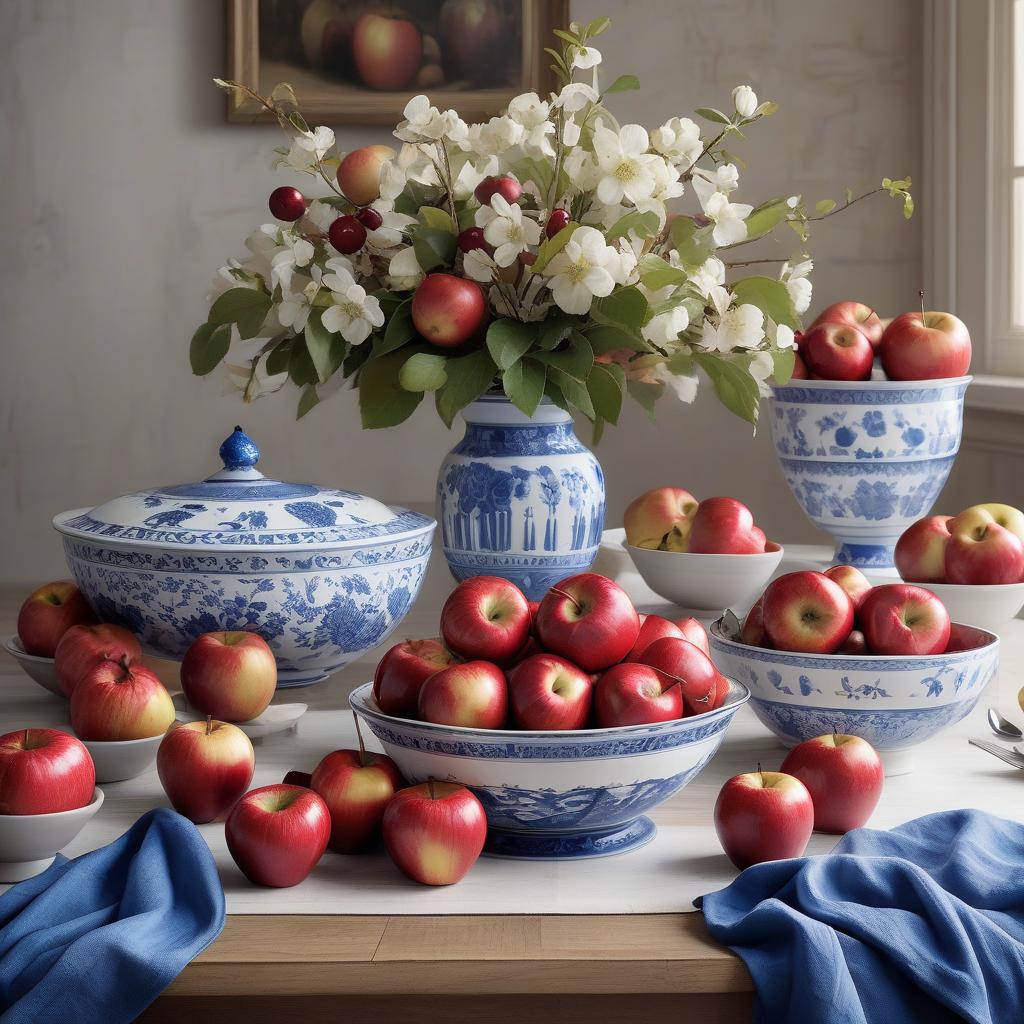  a table with a blue and white bowl filled with red apples. the bowl is placed in the center of the table, surrounded by a variety of apples. some apples are sitting on top of the bowl, while others are scattered around the table. the apples are of different sizes and positions, creating a visually appealing display. the table also has a few cherries placed nearby, adding to the colorful arrangement. the lighting is very soft and diffused, giving the image a bernard verkaaik like look