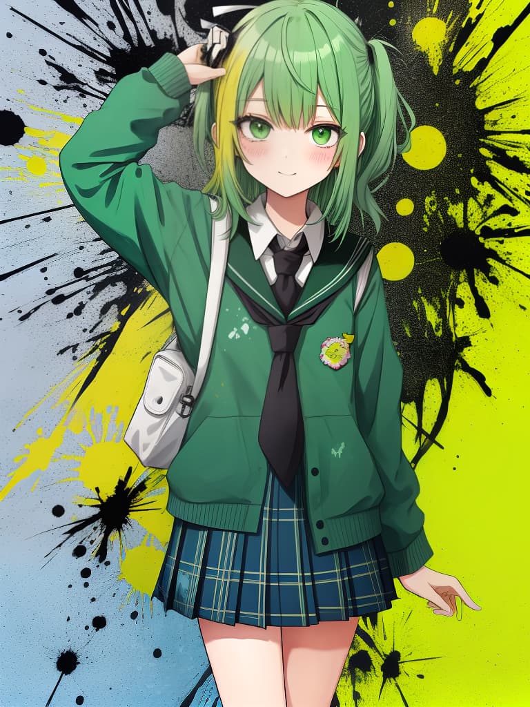  green haired schoolgirl with colorful grunge splats,flat color