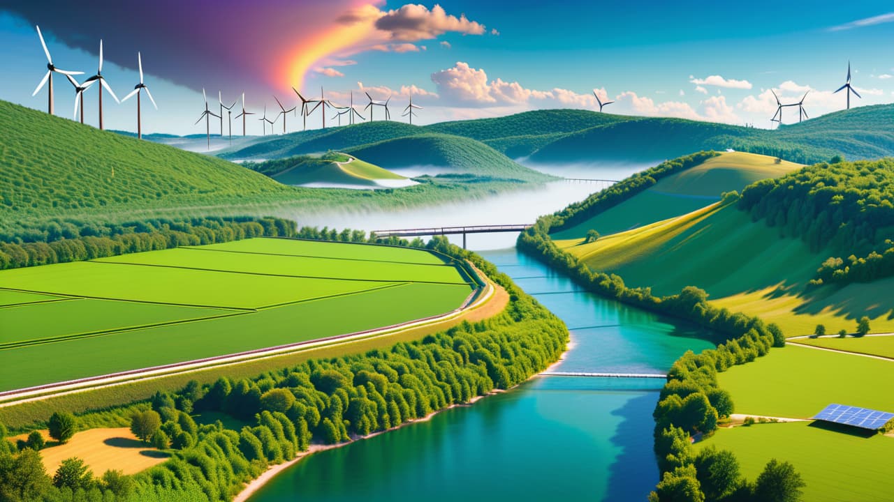  a vibrant landscape featuring solar panels glistening in sunlight, wind turbines spinning gracefully on rolling hills, and a flowing river with hydroelectric dams, all interconnected by green pathways and surrounded by lush vegetation. hyperrealistic, full body, detailed clothing, highly detailed, cinematic lighting, stunningly beautiful, intricate, sharp focus, f/1. 8, 85mm, (centered image composition), (professionally color graded), ((bright soft diffused light)), volumetric fog, trending on instagram, trending on tumblr, HDR 4K, 8K