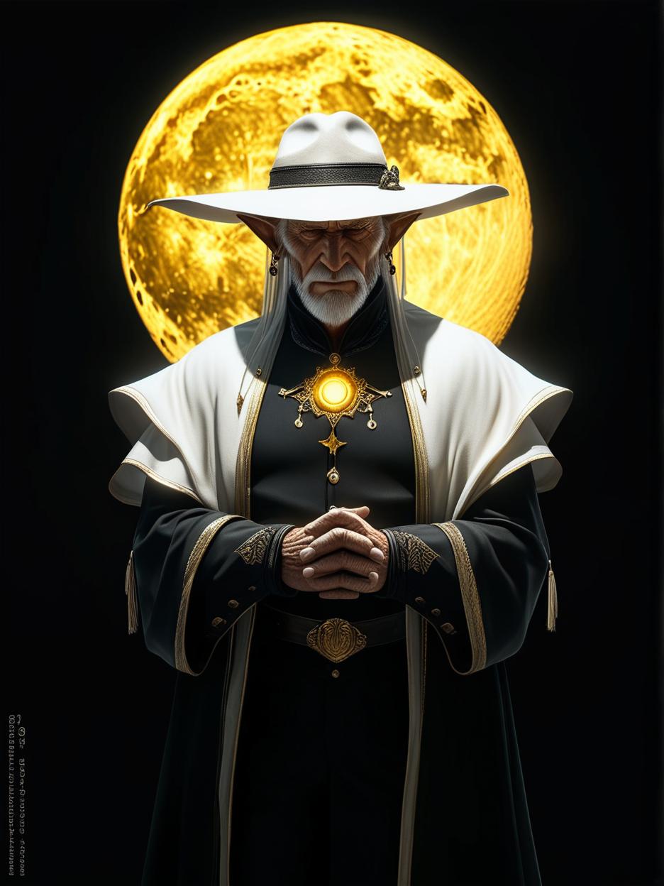  best quality, hd, a powerful old male elf sorcerer in a black suit and brim hat, standing with his hands clasped at his chest, his eyes shining gold, behind him a bright yellow moon hyperrealistic, full body, detailed clothing, highly detailed, cinematic lighting, stunningly beautiful, intricate, sharp focus, f/1. 8, 85mm, (centered image composition), (professionally color graded), ((bright soft diffused light)), volumetric fog, trending on instagram, trending on tumblr, HDR 4K, 8K