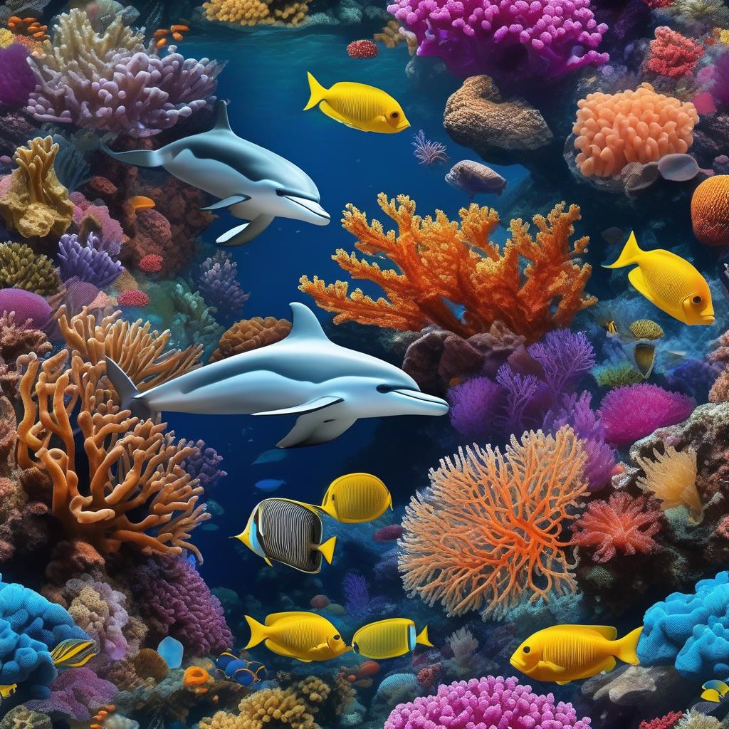  masterpiece, best quality, Most Beautiful in deep sea teeming with vibrant corals, diverse marine life, and enchanting underwater landscapes, full of corals, acrophore, small fishes, anemones, dolphin, various algaes, caves, colorful,all captured in stunning 8k resolution with intricate details.