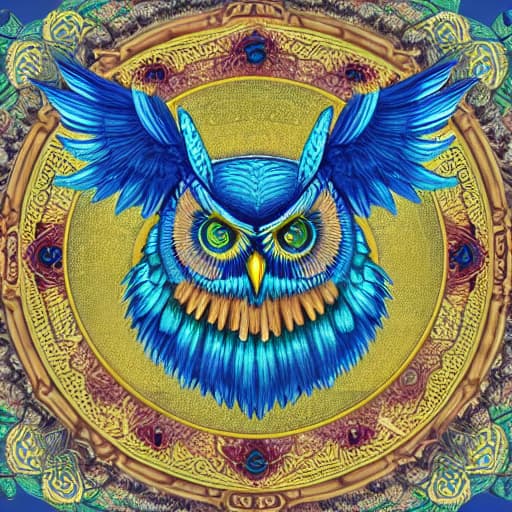  A blue owl with a gold circle and the word owl on it. hyperrealistic, full body, detailed clothing, highly detailed, cinematic lighting, stunningly beautiful, intricate, sharp focus, f/1. 8, 85mm, (centered image composition), (professionally color graded), ((bright soft diffused light)), volumetric fog, trending on instagram, trending on tumblr, HDR 4K, 8K
