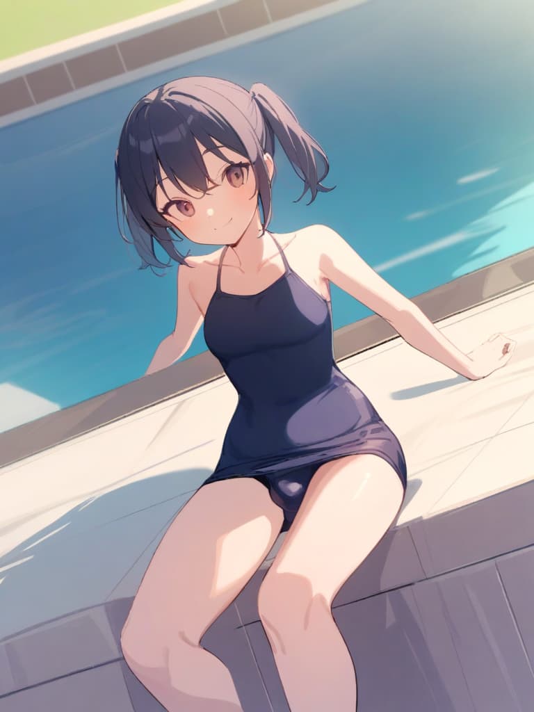  women's elementary students (male), twin tails, cute smiles, (rich s), short stature, dark blue swimwear, old swimwear, swimwear, simple, (upward), upward, (bulge), front, whole body, pool side ,,,