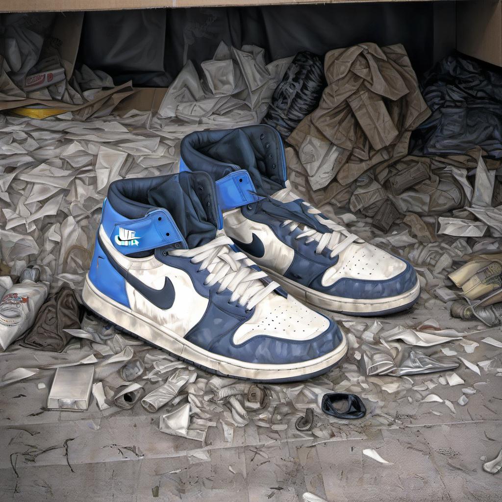  hyperrealistic art sneakers are the main part of the frame, there is garbage of various kinds of filth in the background, and the sneakers themselves will stand on a cardboard box with the nike logo on the right side, a couple of tin cans and banana skins will lie in the foreground, but they will only be partially visible so as not to overlap the view of the sneakers themselves, because that he is the basis of the whole frame . extremely high resolution details, photographic, realism pushed to extreme, fine texture, incredibly lifelike, film photography style