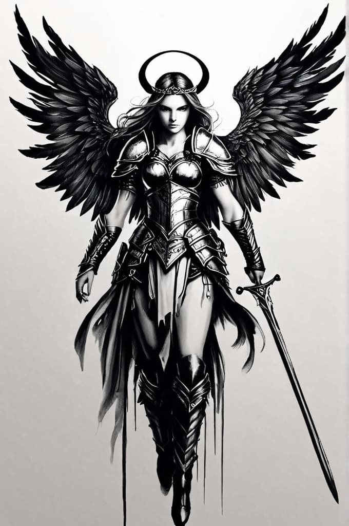   warrior angel , looking down full size, (tattoo sketch:1.25), drawing