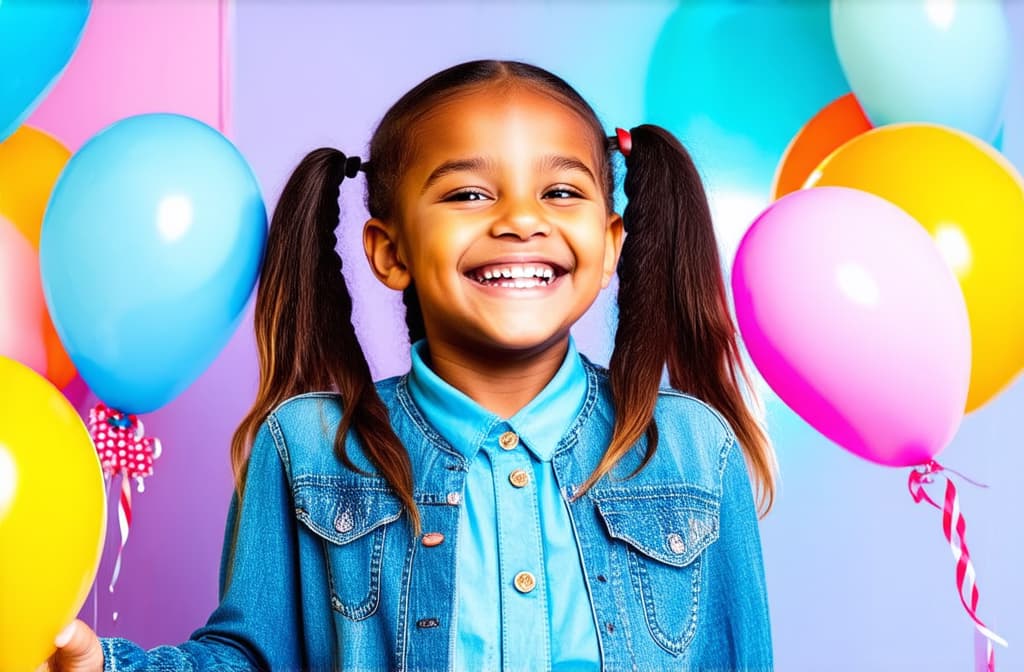  professional detailed photography, illustration of happy girl with two pigtails smiling and looking at balloons during birthday party ar 3:2, (muted colors, dim colors, soothing tones), (vsco:0.3)