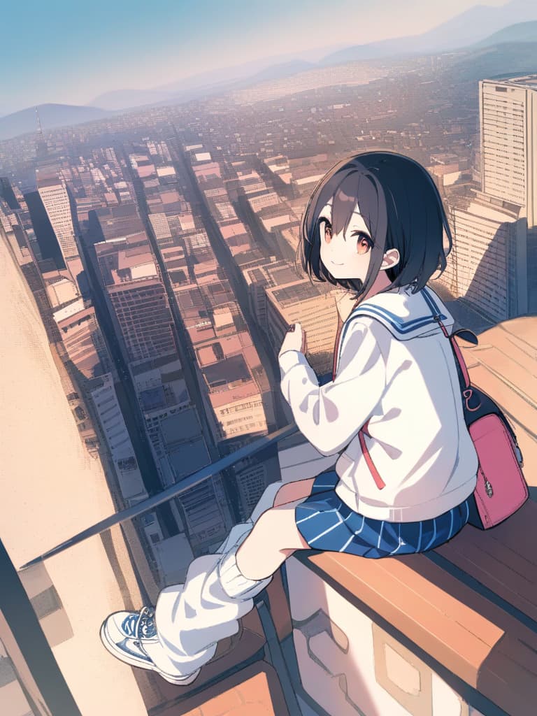   junior high , (male ), sailor suit, mini , transvese, short hair, cute smile, backpack, ultra long loose socks, bottom sneakers, whole body, city landscape,