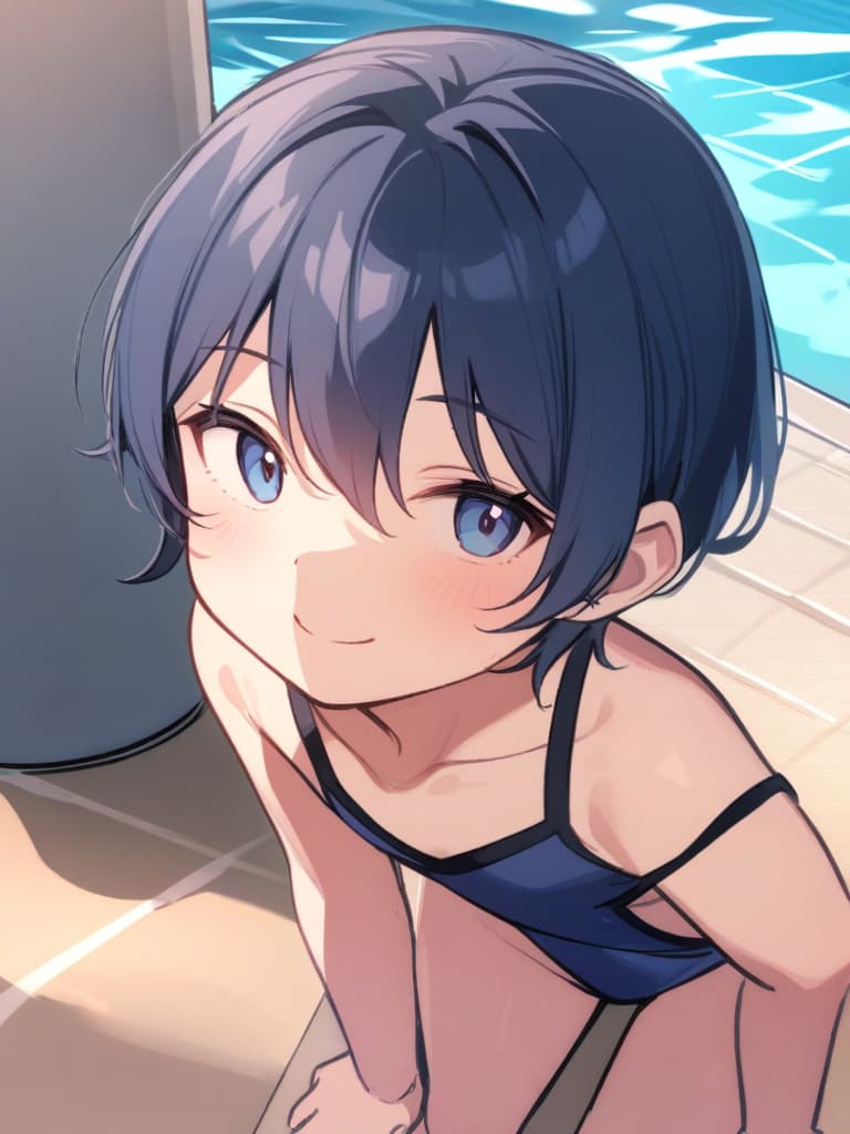  elementary , 's body, old (with dark blue old swimwear, ), male (bulging), front, cute smile ( face), short hair, whole body, pool,