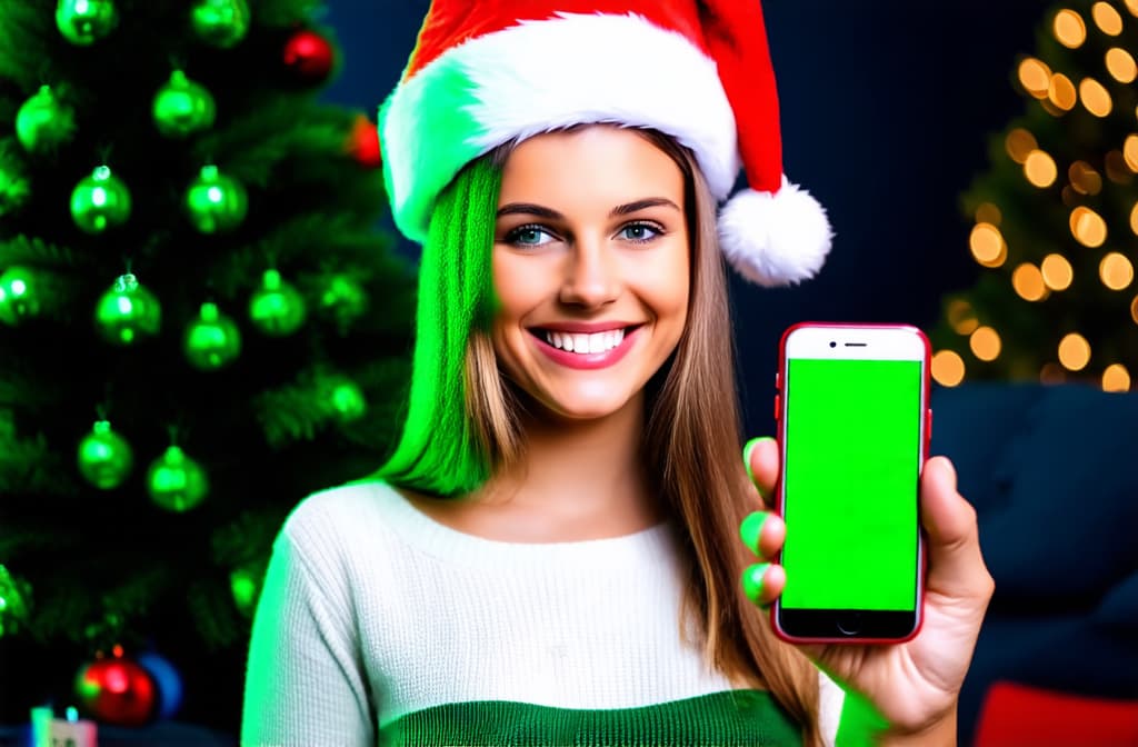  portrait smiling spain girl with santa hat on head holding iphone in hand, iphone with bright green chroma key color screen on blurred christmas tree dark room background, mock up of a smartphone in hand for your design or presentation ar 3:2 {prompt}, maximum details