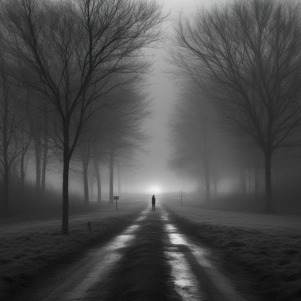  a black and white picture of a lone figure standing at a crossroads in a foggy landscape, one path brightly lit, the other fading into darkness. the contrast of light and shadow emphasizes the tension of indecision, with a distant clock subtly fading into the background to symbolize lost time and missed opportunity.