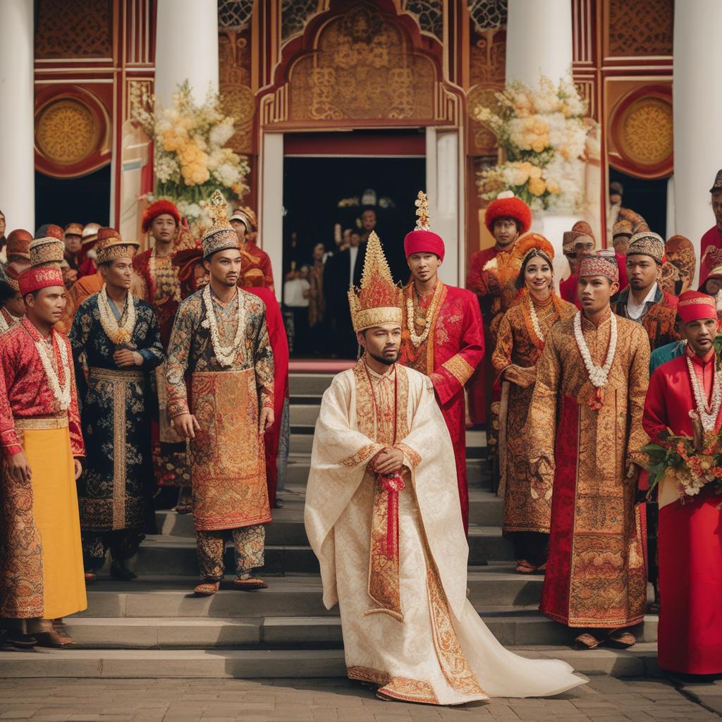  masterpiece, best quality, A photo of an Indonesian traditional wedding procession. The groom in West Javanese ethnic costume walks down the aisle, followed by a group of men wearing traditional clothes, also in West Javanese style. The men accompanying him wear similar clothing. The background is a wedding venue decorated with Indonesian motifs and the words "BABANG & AINI".