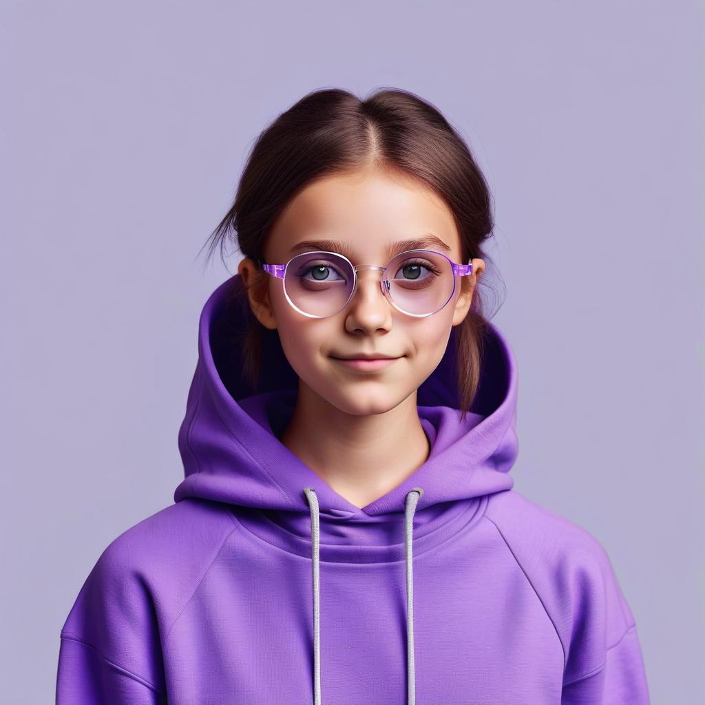  a girl with gray eyes in transparent glasses geometrically shaped, she has brown hair on her shoulders, dressed in a knee long purple hoodie, draw modestly, rather than it went. draw it so that it turns with a sneaky smile.