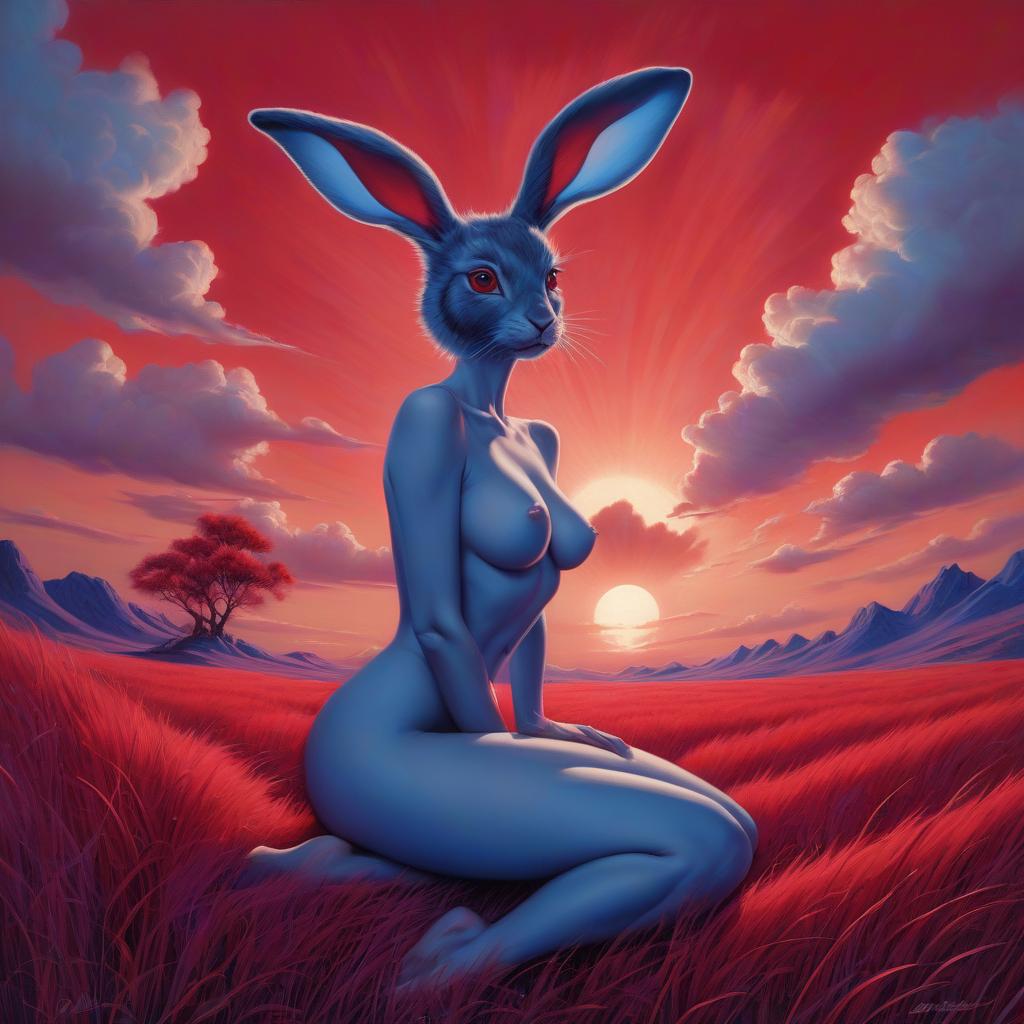  pin up, blue sun, purple clouds, red grass, red hare, surrealism, fantasy