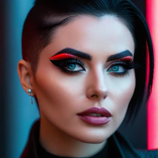  ultra realistic close up portrait ((beautiful pale cyberpunk female with heavy black eyeliner)), blue eyes, shaved side haircut, hyper detail, cinematic lighting, magic neon, dark red city, canon eos r3, nikon, f/1.4, iso 200, 1/160s, 8k, raw, unedited, symmetrical balance, in frame, 8k hyperrealistic, full body, detailed clothing, highly detailed, cinematic lighting, stunningly beautiful, intricate, sharp focus, f/1. 8, 85mm, (centered image composition), (professionally color graded), ((bright soft diffused light)), volumetric fog, trending on instagram, trending on tumblr, HDR 4K, 8K