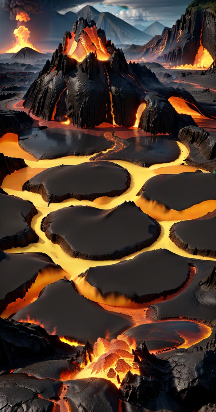  professional 3d model fire biome, magma, lava, lava rivers, volcanoes . octane render, highly detailed, volumetric, dramatic lighting, civitai, hkmagic