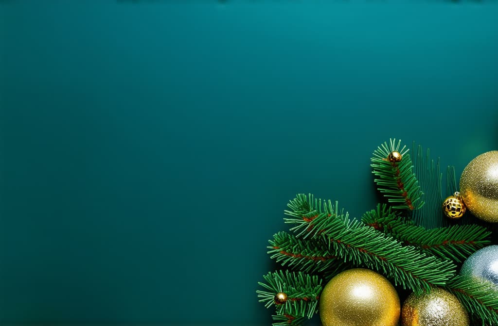  professional detailed photography, new year vertical dark turquoise background with gold and silver balls on fir branches with space for text ar 3:2, (muted colors, dim colors, soothing tones), (vsco:0.3)