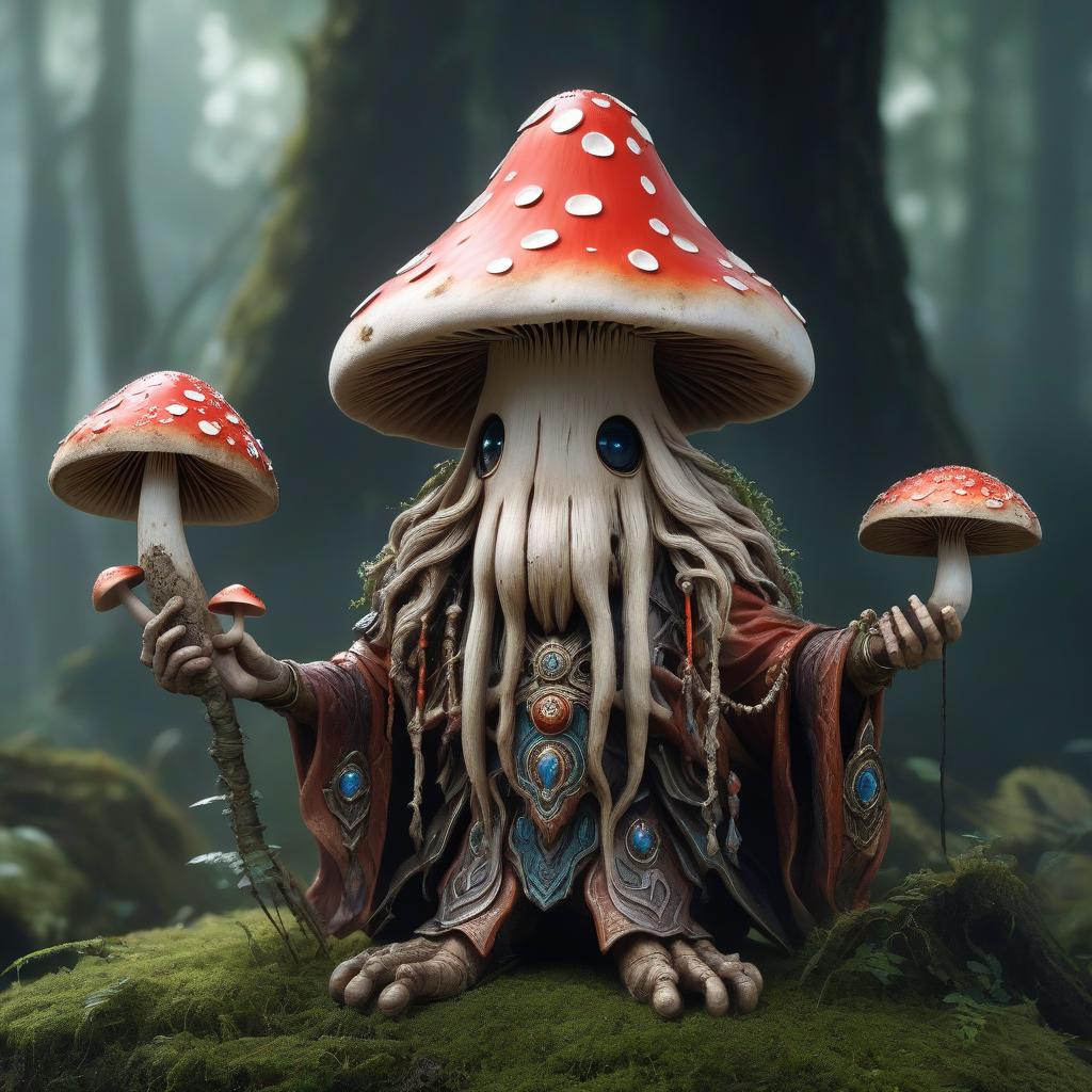  breathtaking humanoid mushroom, druid . award winning, professional, highly detailed, hkmagic