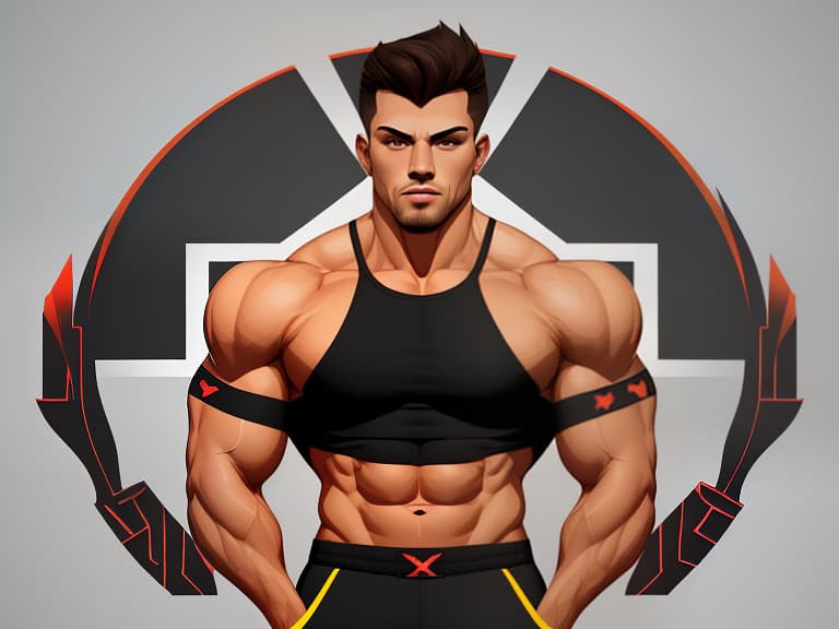  a muscular man with an open torso and wearing tight shorts., (logo:1.3), vector graphics, brand, design, inspired, (straight:1.3), (symmetrical:0.4)