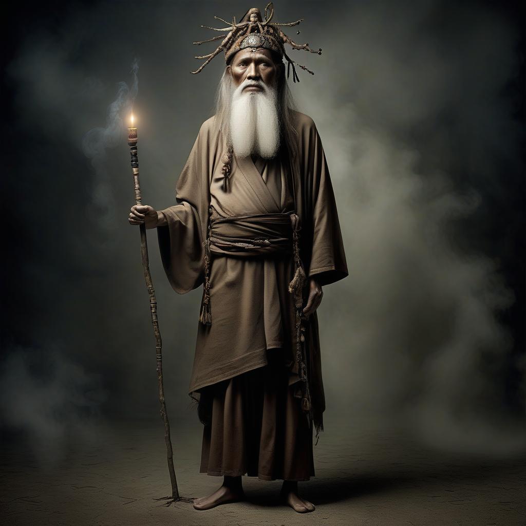  visualization of religion as a person, full height, characteristic of religion posture, characteristic of religion physique, characteristic of religion facial expression, characteristic of religion hairstyle, characteristic of religion clothing, male character, shaman, hermit, old age, mystery, gloom