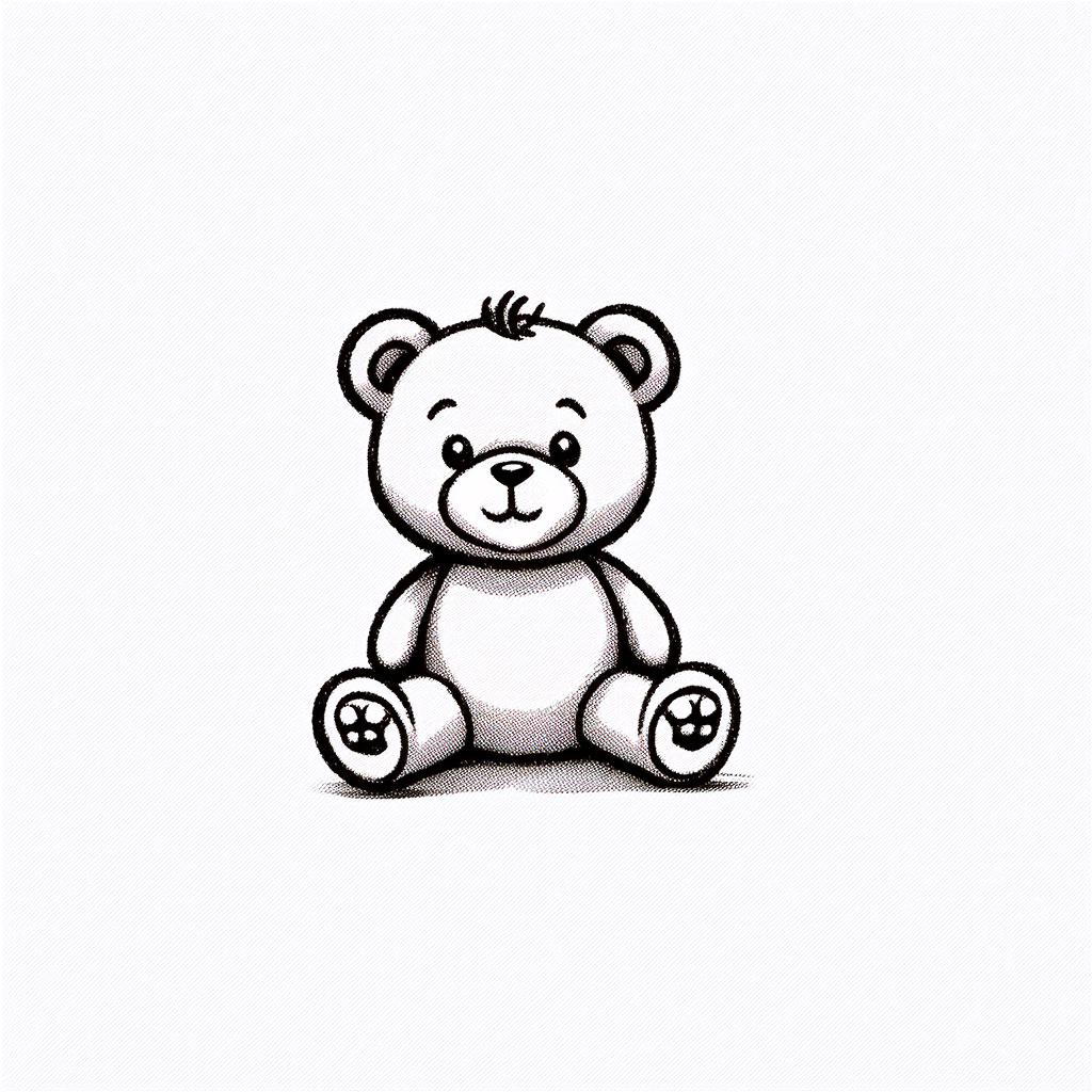  contour, very simple image in one unbroken black ink line, single line of cute teddy bear sitting sideways, solid white background using a single continuous black line ink brushon white background, drawing should be created without lifting the pen, recognizable features of cute teddy bear sitting sideways, solid white background in one unbroken line