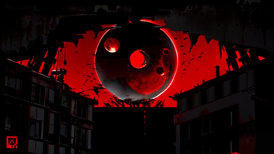  The logo has an eye hidden under a blood red moon surrounded by a ruined city, moral decay, drug abuse, murders, more blood, alcohol, decay, fall of civilization, darkness, oppression, withering, and disappointment., (b&w, Monochromatic, Film Photography:1.3), Photorealistic, Hyperrealistic, Hyperdetailed, film noir, analog style, hip cocked, demure, low cut, soft lighting, subsurface scattering, realistic, heavy shadow, masterpiece, best quality, ultra realistic, 8k, golden ratio, Intricate, High Detail, film photography, soft focus hyperrealistic, full body, detailed clothing, highly detailed, cinematic lighting, stunningly beautiful, intricate, sharp focus, f/1. 8, 85mm, (centered image composition), (professionally color graded), ((bright soft diffused light)), volumetric fog, trending on instagram, trending on tumblr, HDR 4K, 8K