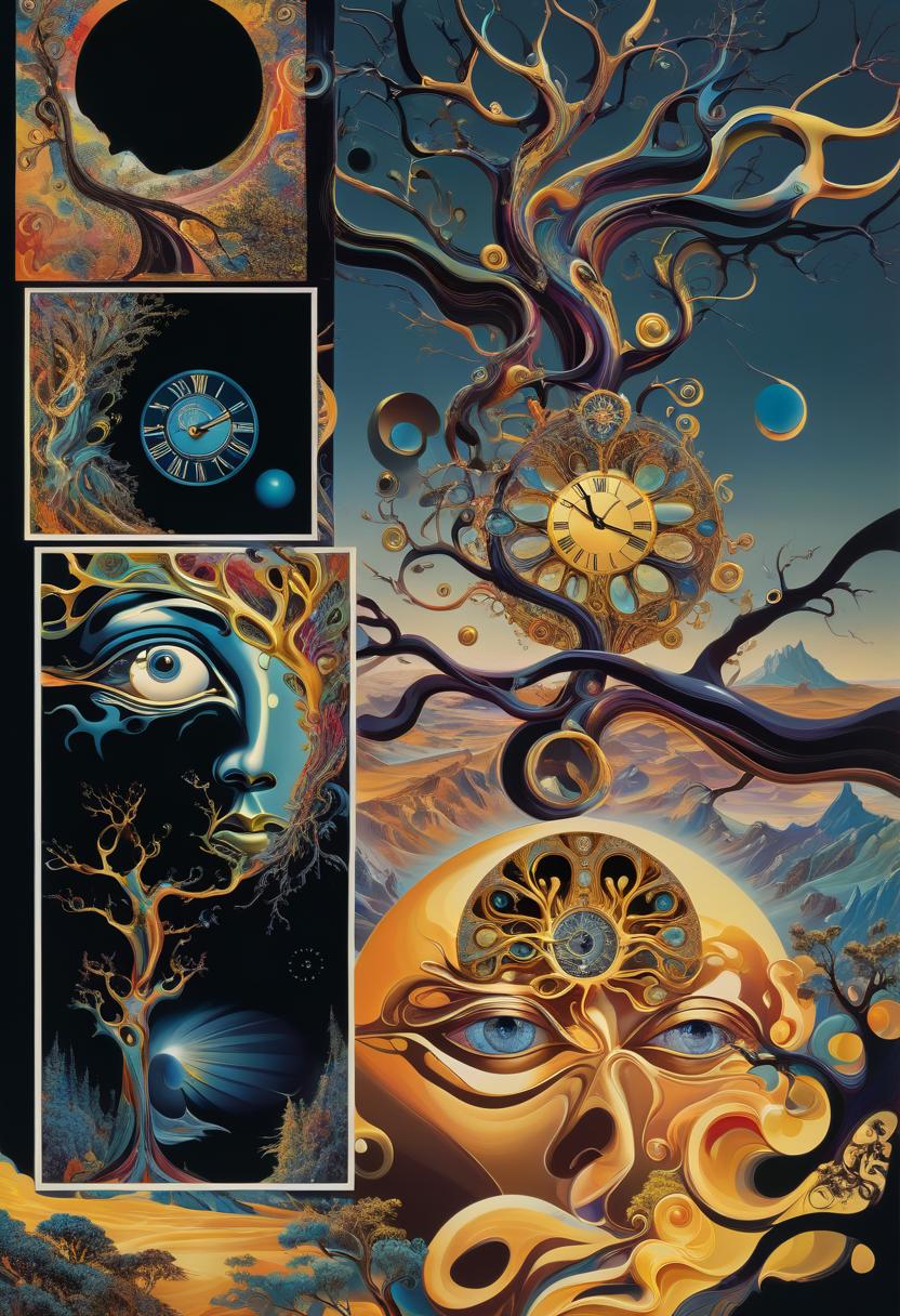  salvador dali inspired psychedelic poster depicting, head, face, eyes open, lens in one eye, back of head turns into branches, psychedelic elements integrating tree of life into surreal, abstract painting, twisted shapes, melting clock, fantasy landscape, vibrant hues, golden ratio composition, ultra fine details, digital painting.