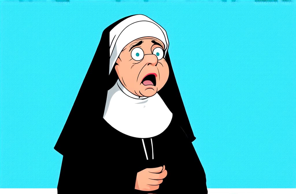  shocked surprised old nun isolated on white background, funny cartoon illustration ar 3:2 {prompt}, maximum details