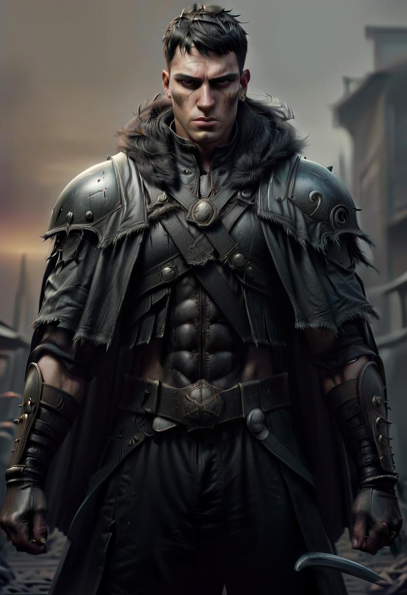  dystopian style human brutal male warlock, roman gladiator face, simble plain black leather jacket, grey cape, two swords, dark town background . bleak, post apocalyptic, somber, dramatic, highly detailed, civitai