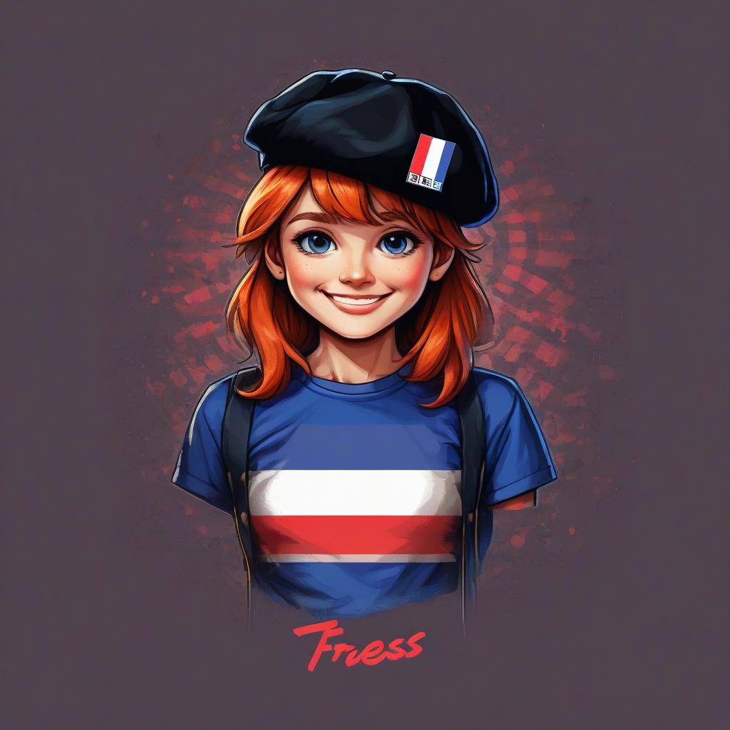  retro game art minimalist logo, smiling face, cartoonish, striped t shirt, black beret, the inscription "tres bien", the colors of the flag of france . 16 bit, vibrant colors, pixelated, nostalgic, charming, fun