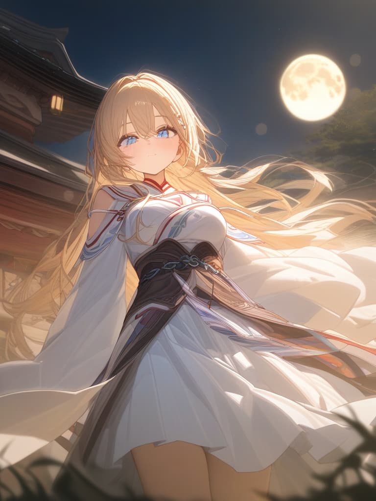  blond, blue eyes, night, big moon, shrine maiden, wolf, masterpiece, best quality,8k,ultra detailed,high resolution,an extremely delicate and beautiful,hyper detail