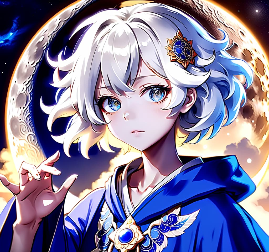  anime artwork stir the moon goddesses. beautiful middle aged girl, goddess in astral robe, white short curly hair, gray eyes with a shade of blue. . anime style, key visual, vibrant, studio anime, highly detailed, perfecteyes, perfect hands