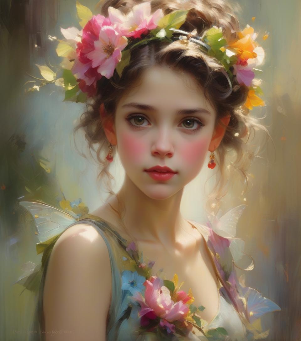  hyperrealistic art ((amazing quality, award winning, intricately detailed, ultra realistic, extremely detailed 8k)), ((oil painting by pino daeni, daniel gerhartz)) portrait of fairy, floral headband, faded art . extremely high resolution details, photographic, realism pushed to extreme, fine texture, incredibly lifelike