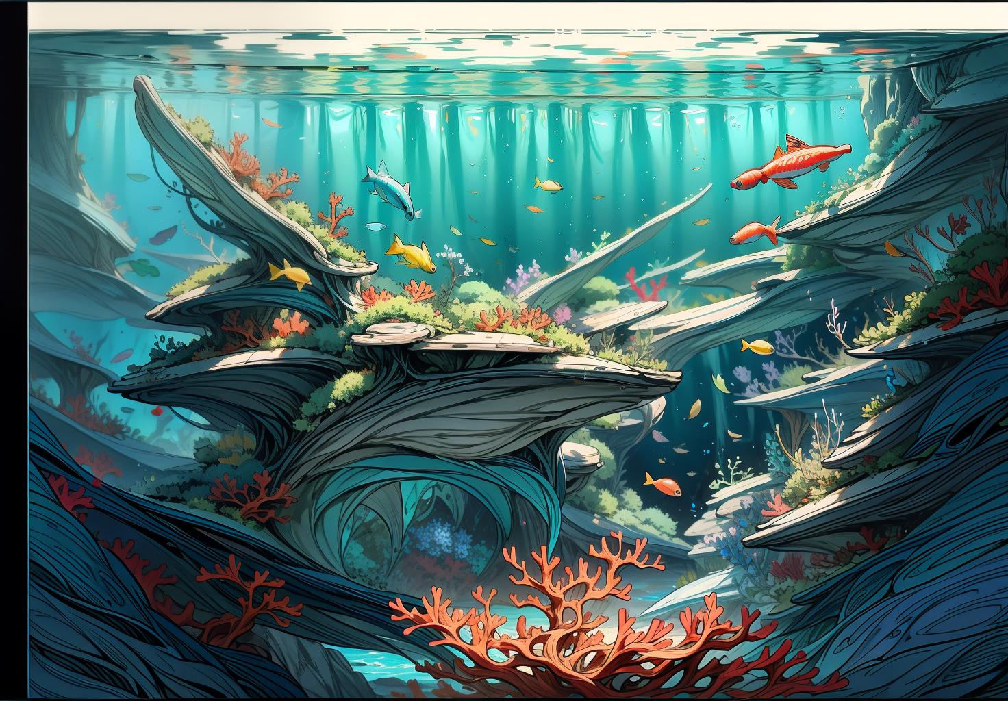  best quality, masterpiece, elegant line art, blue theme, fish, solo, dynamic lines, intricate line work, smooth and flowing lines, artistic composition, high detail, exquisite design, harmonious, vibrant and dynamic, 8k resolution, crisp and clear, minimalist, refined line art, graceful fish, colorful coral, lush water plants, underwater scenery, detailed background elements, vibrant aquatic environment